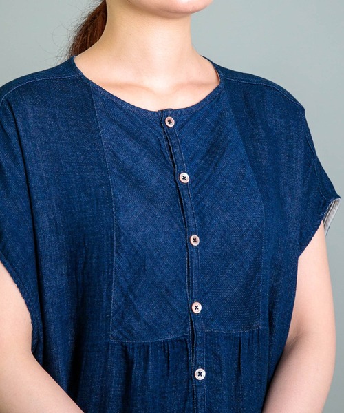 ブラウス シャツ 「 OMNIGOD womens / オムニゴッド 」 インディゴ二重ガーゼ アトリエフレンチスリーブシャツ レディース OMNIGOD womens / オムニゴッド ] インディゴ二重ガーゼ
