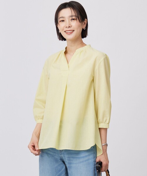 J.PRESS Ladies(J.プレス レディス)の「【洗える】リネンminiチェック バンドカラー プルオーバー ブラウス(シャツ/ブラウス・レディース・ライトグリーン系3/ネイビー系3/ピンク系3・XS)」の1枚目の写真