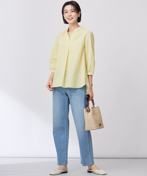 J.PRESS Ladies(J.プレス レディス)の「【洗える】リネンminiチェック バンドカラー プルオーバー ブラウス(シャツ/ブラウス・レディース・ライトグリーン系3/ネイビー系3/ピンク系3・XS)」の7枚目の写真