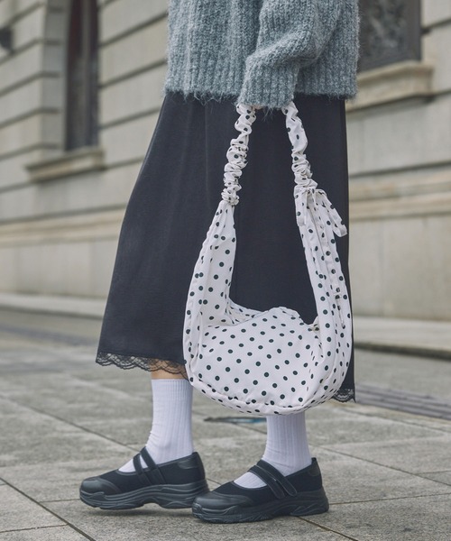 J,C,R　マンボベル　ハーフムーン Unblend】2WAY ドット柄 ハーフムーン ギャザー ハンドルバッグ