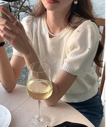 Mejoul（メジュール）の「パステルカラー パフスリーブ パール付き サマーニット（ニット/セーター・レディース）」