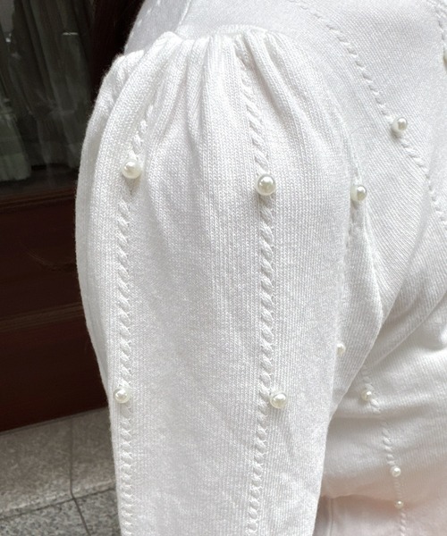 Mejoul（メジュール）の「パステルカラー パフスリーブ パール付き サマーニット（ニット/セーター・レディース・イエロー/ホワイト/ピンク/グリーン/ブラック/ブルー・F）」の22枚目の写真