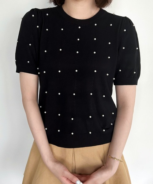Mejoul（メジュール）の「パステルカラー パフスリーブ パール付き サマーニット（ニット/セーター・レディース・イエロー/ホワイト/ピンク/グリーン/ブラック/ブルー・F）」の18枚目の写真