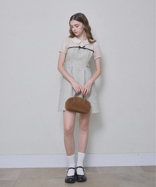 【美品】Rene サマーツイードワンピース　アイボリー　コサージュ　リボン　36 美品】Rene サマーツイードワンピース アイボリー コサージュ