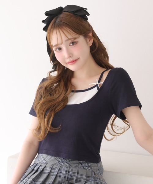 one after another NICE CLAUP(ワンアフターアナザーナイスクラップ)の「チェックレイヤード風トップス(Tシャツ/カットソー・レディース・オフホワイト/ブラック/ネイビー・FREE)」の3枚目の写真