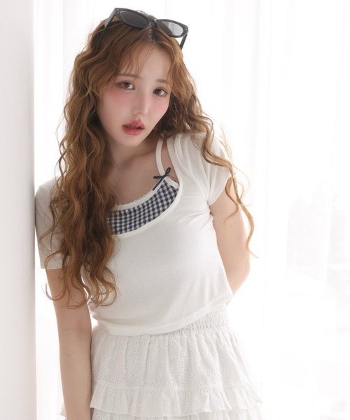 one after another NICE CLAUP(ワンアフターアナザーナイスクラップ)の「チェックレイヤード風トップス(Tシャツ/カットソー・レディース・オフホワイト/ブラック/ネイビー・FREE)」の2枚目の写真