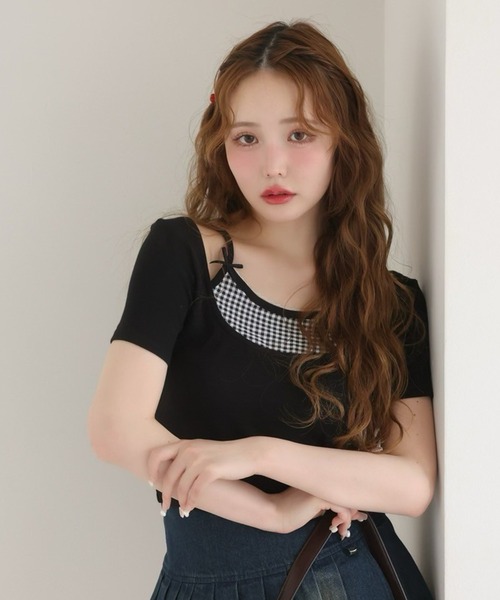 one after another NICE CLAUP(ワンアフターアナザーナイスクラップ)の「チェックレイヤード風トップス(Tシャツ/カットソー・レディース・オフホワイト/ブラック/ネイビー・FREE)」の1枚目の写真