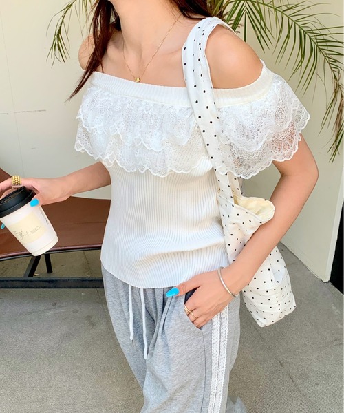 セール】2WAYフリルレースオフショルリブニット（Tシャツ