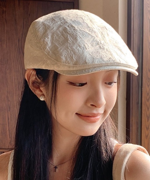 gossip！ロサンゼルス（ゴシップロサンゼルス）の「立体刺繍 ジャガードフラワーパターン ハンチング（ハンチング/ベレー帽・レディース・ブラック/ホワイト/ライトピンク・FREE）」の2枚目の写真