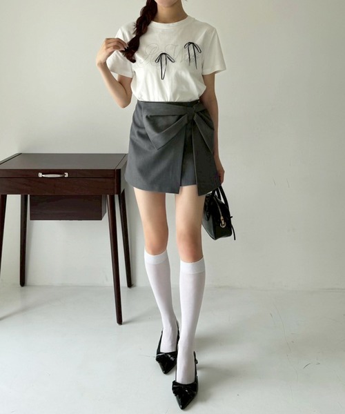 one after another NICE CLAUP(ワンアフターアナザーナイスクラップ)の「ビッグリボンミニスカパン(スカート・レディース・ブラック/オフホワイト/グレー・FREE)」の14枚目の写真