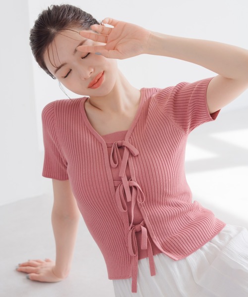 MISCH MASCH(ミッシュマッシュ)の「2025春夏新作 2wayリボン半袖リブニット(ニット/セーター・レディース・ピンク/ホワイト/ブラック・フリ-)」の4枚目の写真