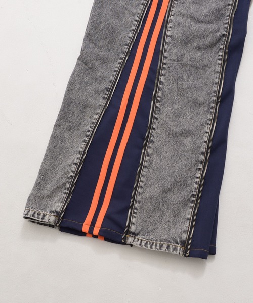 セール】デニム×ジャージ ジップデザイン リメイク風パンツ（デニム