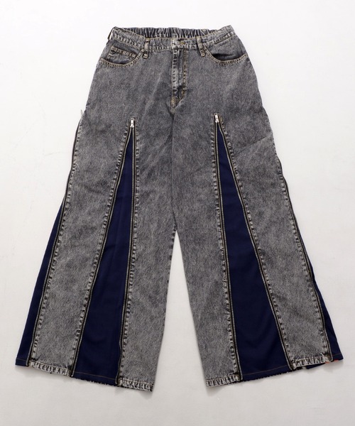 セール】デニム×ジャージ ジップデザイン リメイク風パンツ（デニム