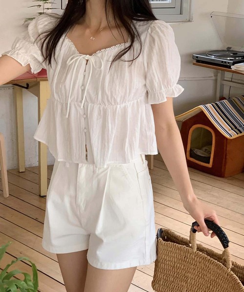Girly Doll(ガーリードール)の「パフスリーブリボンブラウス(Tシャツ/カットソー・レディース・ブラック/ホワイト/ベージュ・FREE)」の5枚目の写真