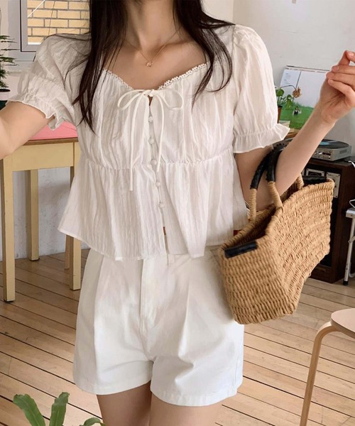 Girly Doll(ガーリードール)の「パフスリーブリボンブラウス(Tシャツ/カットソー・レディース・ブラック/ホワイト/ベージュ・FREE)」の8枚目の写真