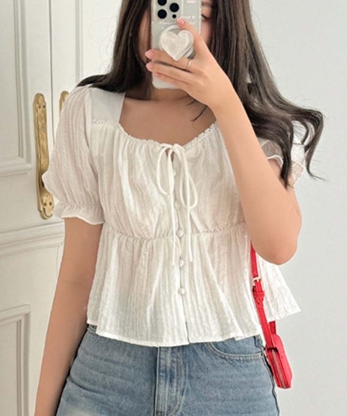 Girly Doll(ガーリードール)の「パフスリーブリボンブラウス(Tシャツ/カットソー・レディース・ブラック/ホワイト/ベージュ・FREE)」の21枚目の写真