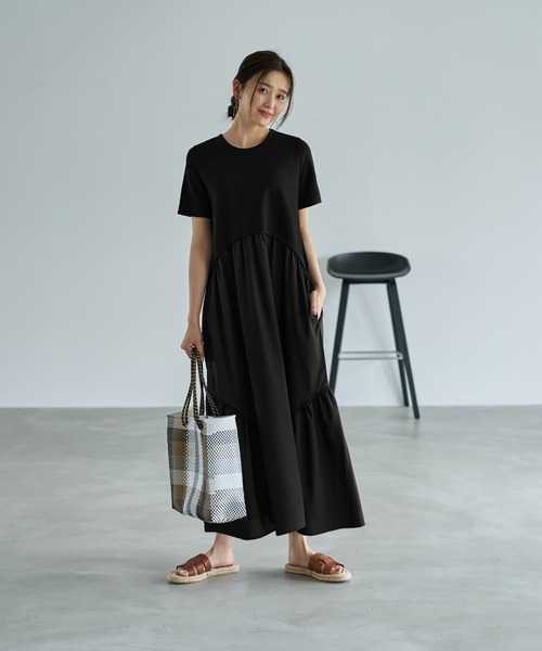 ☆日本未入荷*Massimo Dutti*新作*ギャザーサイドワンピ/BROWN☆ カットソー切替ラウンドギャザーワンピースB(ワンピース