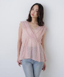 Fit more シアージャガード花柄パイピングトップス レディース