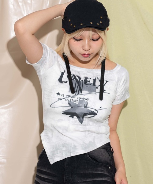 dispark(ディスパーク)の「DISPARK/ショルダーストラップオフショルT(Tシャツ/カットソー・レディース・スミクロ/ホワイト・FREE)」の1枚目の写真