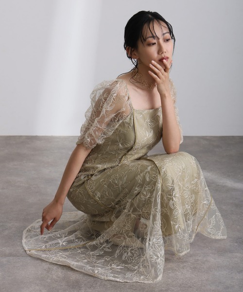 ドレス スクエアネック フリル パステル 緑 パーティー 結婚式 PourVous｜スクエアネックワンピース結婚式オケージョンドレス