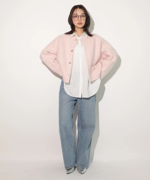 美品　Rirandtureリランドチュールアンゴラ混合ニットノーカラージャケット 美品 Rirandtureリランドチュール アンゴラ混合ニットノーカラー