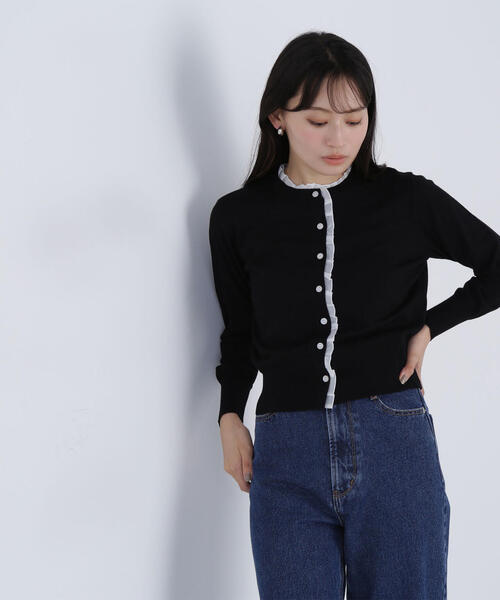 カモミールスーパービューティー今季コレクション　フリル　カーディガン黒44 カモミールスーパービューティー今季コレクション フリル カーディガン