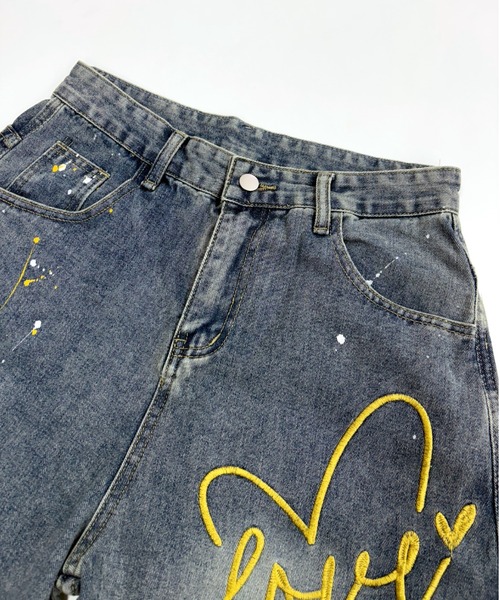 セール】Loveハート刺繍カーブワイドデニムパンツ（デニムパンツ