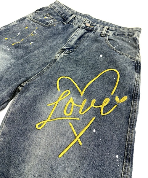 セール】Loveハート刺繍カーブワイドデニムパンツ（デニムパンツ