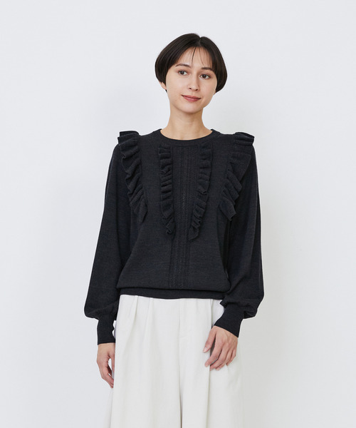 LOISIR（ロワズィール）の「ウール梳毛天竺フリルプルオーバー（ニット/セーター・レディース・レッド/グリーン/チャコールグレー・FREE）」の2枚目の写真