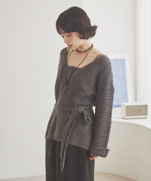 LAULEN(ローレン)の「knitting pattern shawl cardigan /編み柄ショールニットカーディガン(カーディガン/ボレロ・レディース・グレー/ブラック/ネイビー・FREE)」の22枚目の写真
