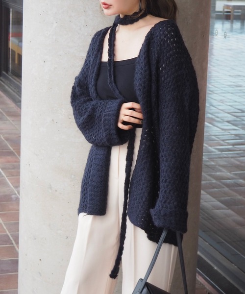 LAULEN(ローレン)の「knitting pattern shawl cardigan /編み柄ショールニットカーディガン(カーディガン/ボレロ・レディース・グレー/ブラック/ネイビー・FREE)」の7枚目の写真