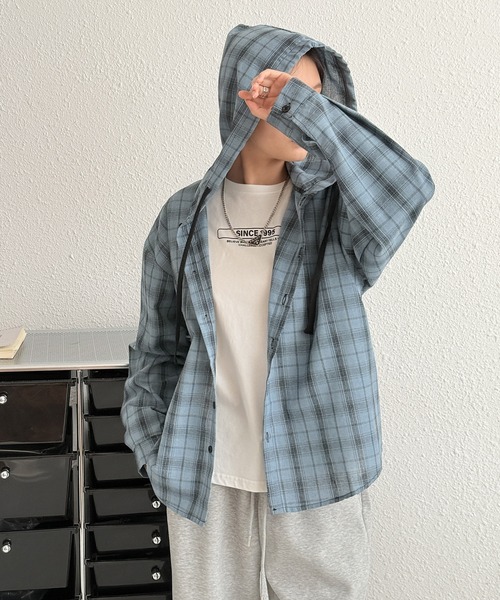 MAISON DE THERESE（メゾン ド テレーズ）の「フード付き ロングスリーブ チェックシャツ（シャツ/ブラウス・レディース・ホワイト/ダークグレー/ブルー・M/XL/L）」の16枚目の写真