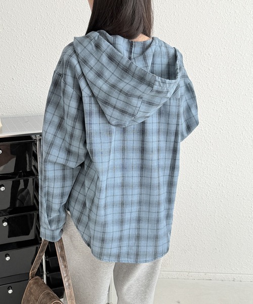 MAISON DE THERESE（メゾン ド テレーズ）の「フード付き ロングスリーブ チェックシャツ（シャツ/ブラウス・レディース・ホワイト/ダークグレー/ブルー・M/XL/L）」の10枚目の写真