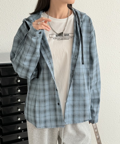 MAISON DE THERESE（メゾン ド テレーズ）の「フード付き ロングスリーブ チェックシャツ（シャツ/ブラウス・レディース・ホワイト/ダークグレー/ブルー・M/XL/L）」の7枚目の写真