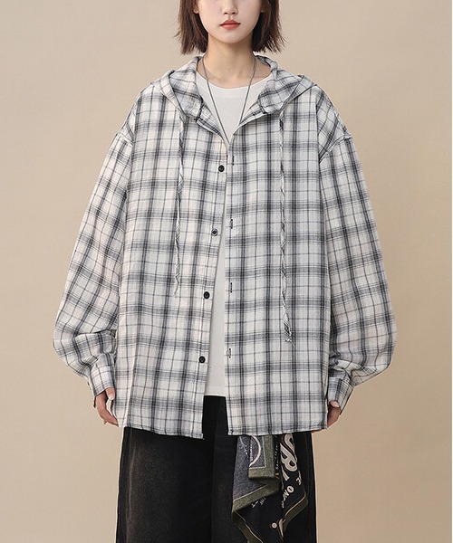 MAISON DE THERESE（メゾン ド テレーズ）の「フード付き ロングスリーブ チェックシャツ（シャツ/ブラウス・レディース・ホワイト/ダークグレー/ブルー・M/XL/L）」の20枚目の写真