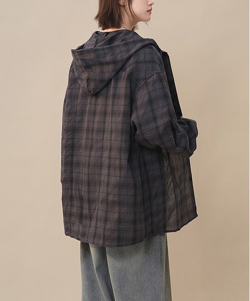 MAISON DE THERESE（メゾン ド テレーズ）の「フード付き ロングスリーブ チェックシャツ（シャツ/ブラウス・レディース・ホワイト/ダークグレー/ブルー・M/XL/L）」の18枚目の写真