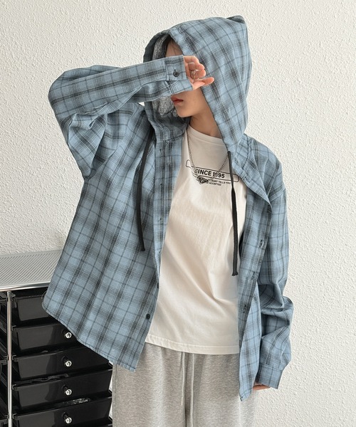 MAISON DE THERESE（メゾン ド テレーズ）の「フード付き ロングスリーブ チェックシャツ（シャツ/ブラウス・レディース・ホワイト/ダークグレー/ブルー・M/XL/L）」の15枚目の写真