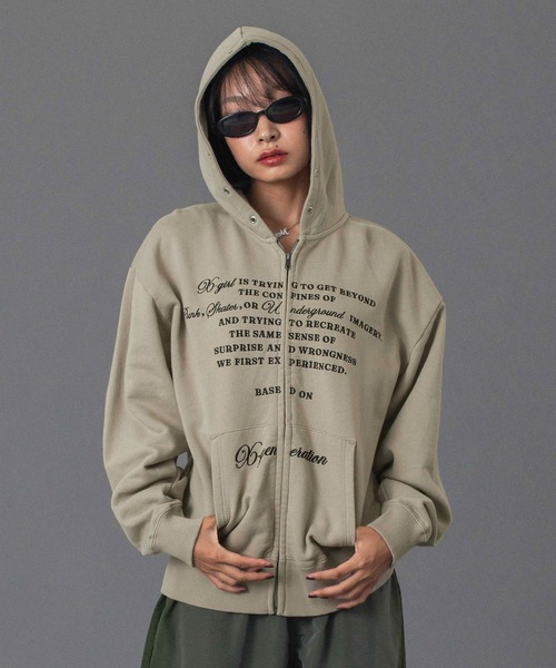 X-girl（エックスガール）の「EYELET EMBROIDERY ZIP UP SWEAT HOODIE（パーカー・レディース・オリーブ/チャコール/ベージュ・S/M）」の2枚目の写真