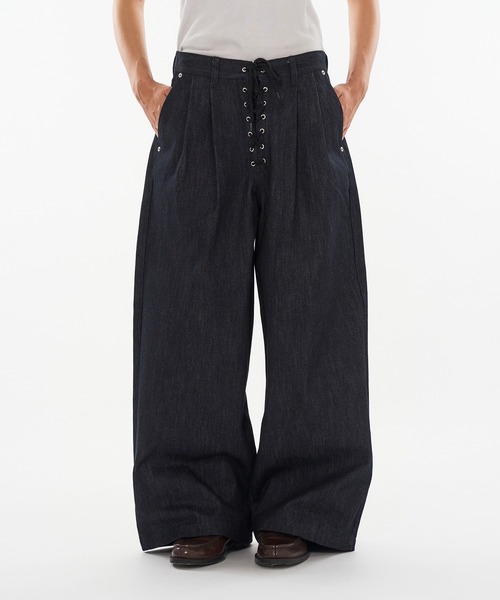 WISH FOR EVER（ウィッシュフォーエバー）の「ASSORT LACEUP WIDE CURVE  PANTS / アソートレースアップワイドカーブパンツ（デニムパンツ・メンズ・インディゴブルー/ブラック・MEDIUM/LARGE/SMALL）」の2枚目の写真