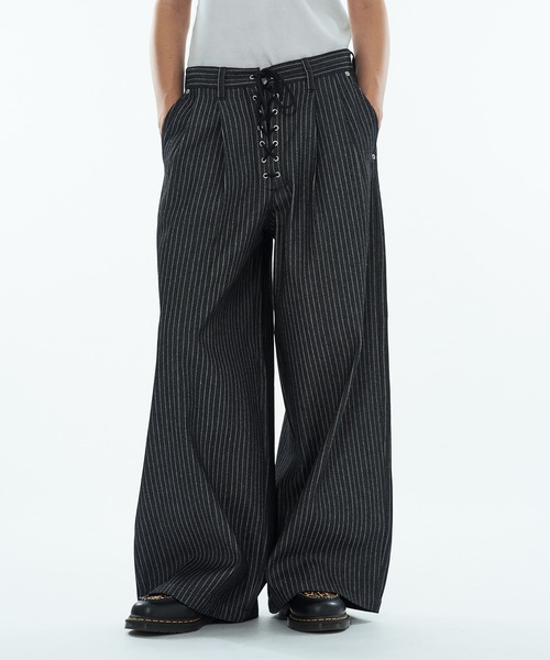 WISH FOR EVER（ウィッシュフォーエバー）の「ASSORT LACEUP WIDE CURVE  PANTS / アソートレースアップワイドカーブパンツ（デニムパンツ・メンズ・インディゴブルー/ブラック・MEDIUM/LARGE/SMALL）」の4枚目の写真