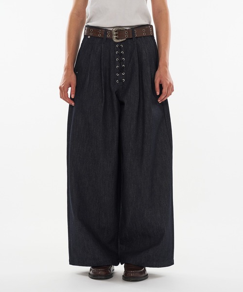 WISH FOR EVER（ウィッシュフォーエバー）の「ASSORT LACEUP WIDE CURVE  PANTS / アソートレースアップワイドカーブパンツ（デニムパンツ・メンズ・インディゴブルー/ブラック・MEDIUM/LARGE/SMALL）」の11枚目の写真