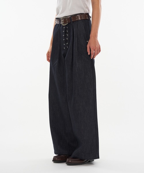 WISH FOR EVER（ウィッシュフォーエバー）の「ASSORT LACEUP WIDE CURVE  PANTS / アソートレースアップワイドカーブパンツ（デニムパンツ・メンズ・インディゴブルー/ブラック・MEDIUM/LARGE/SMALL）」の9枚目の写真