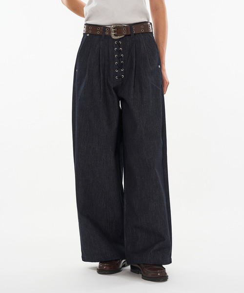 WISH FOR EVER（ウィッシュフォーエバー）の「ASSORT LACEUP WIDE CURVE  PANTS / アソートレースアップワイドカーブパンツ（デニムパンツ・メンズ・インディゴブルー/ブラック・MEDIUM/LARGE/SMALL）」の8枚目の写真