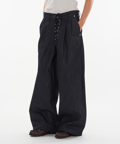 WISH FOR EVER（ウィッシュフォーエバー）の「ASSORT LACEUP WIDE CURVE  PANTS / アソートレースアップワイドカーブパンツ（デニムパンツ・メンズ・インディゴブルー/ブラック・MEDIUM/LARGE/SMALL）」の10枚目の写真