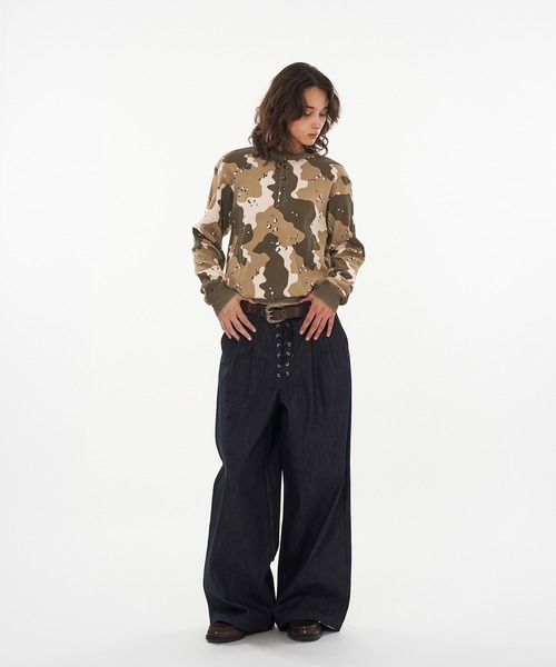 WISH FOR EVER（ウィッシュフォーエバー）の「ASSORT LACEUP WIDE CURVE  PANTS / アソートレースアップワイドカーブパンツ（デニムパンツ・メンズ・インディゴブルー/ブラック・MEDIUM/LARGE/SMALL）」の15枚目の写真