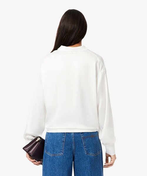 LACOSTE（ラコステ）の「オーバーサイズサテンポロシャツ（ポロシャツ・レディース・ダークブラウン/ホワイト・38/36/34）」の4枚目の写真