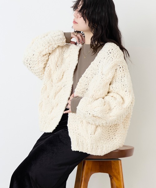 IRONING】ケーブルニットカーディガン-cable rough cardigan