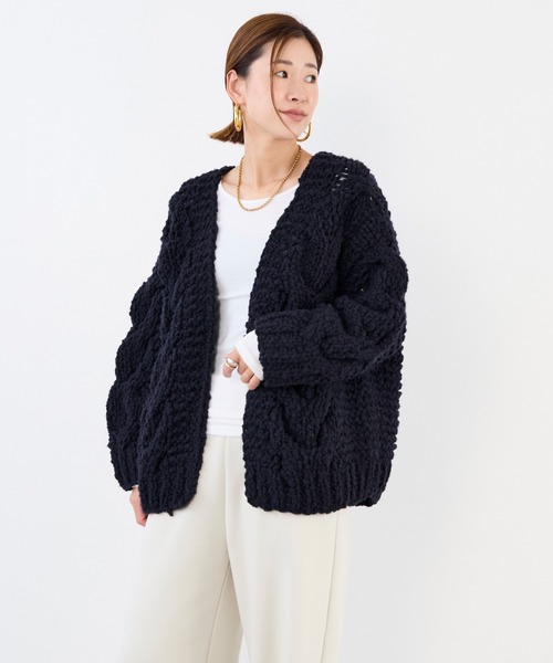 セール】【IRONING】ケーブルニットカーディガン-cable rough cardigan