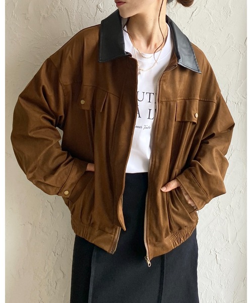 セール】襟異素材切り替えジップアップフェイクスエードブルゾン