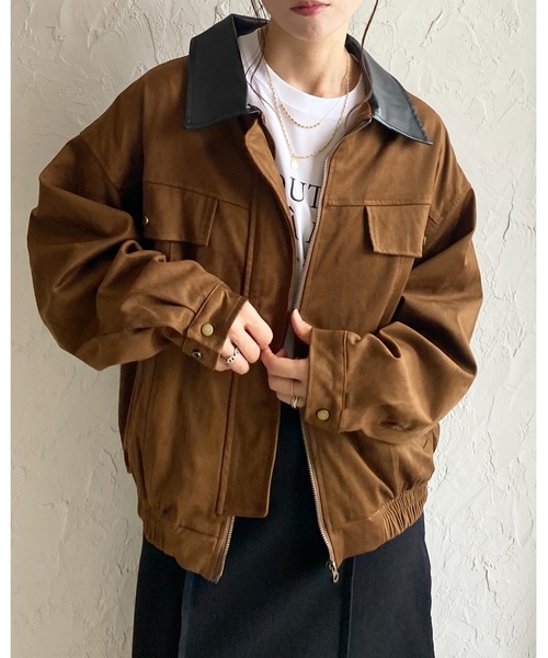 セール】襟異素材切り替えジップアップフェイクスエードブルゾン